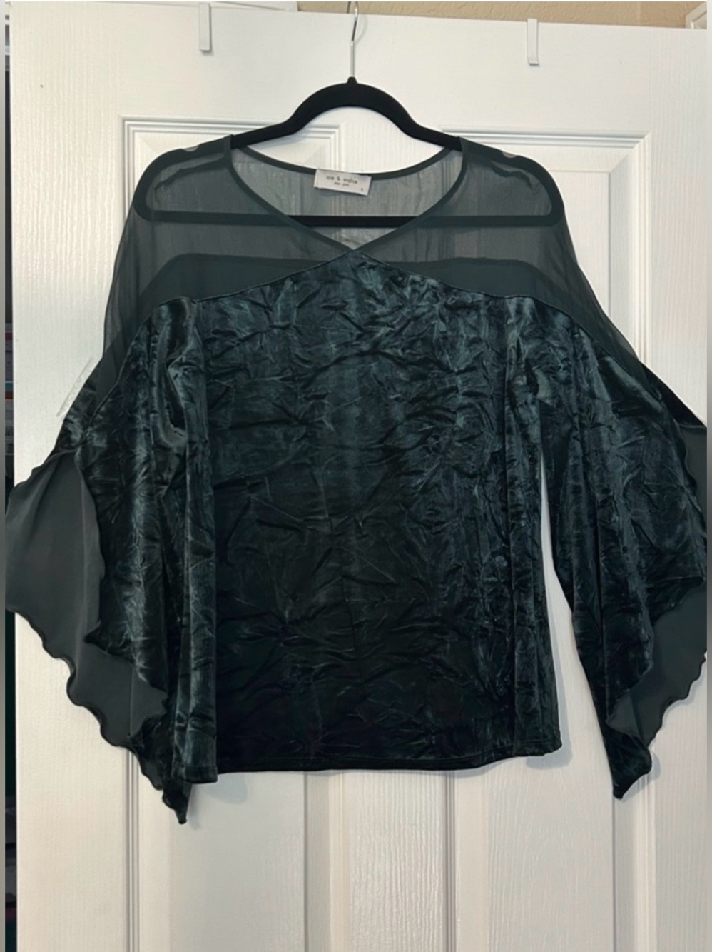Lola & Sophie NY Crushed Velvet & Chiffon Blouse Black Sheer Bell Sleeve S